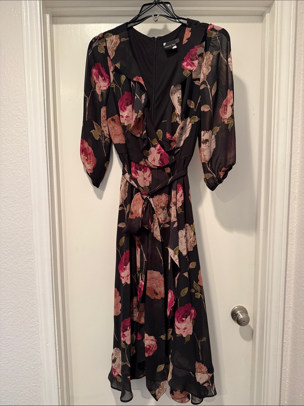 Maison Tara Black Floral Midi Dress with Pink and Cream Roses